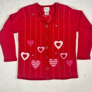 Quacker Factory Vintage Red Knit Cardigan w/ beaded heart embellishments  Y2K